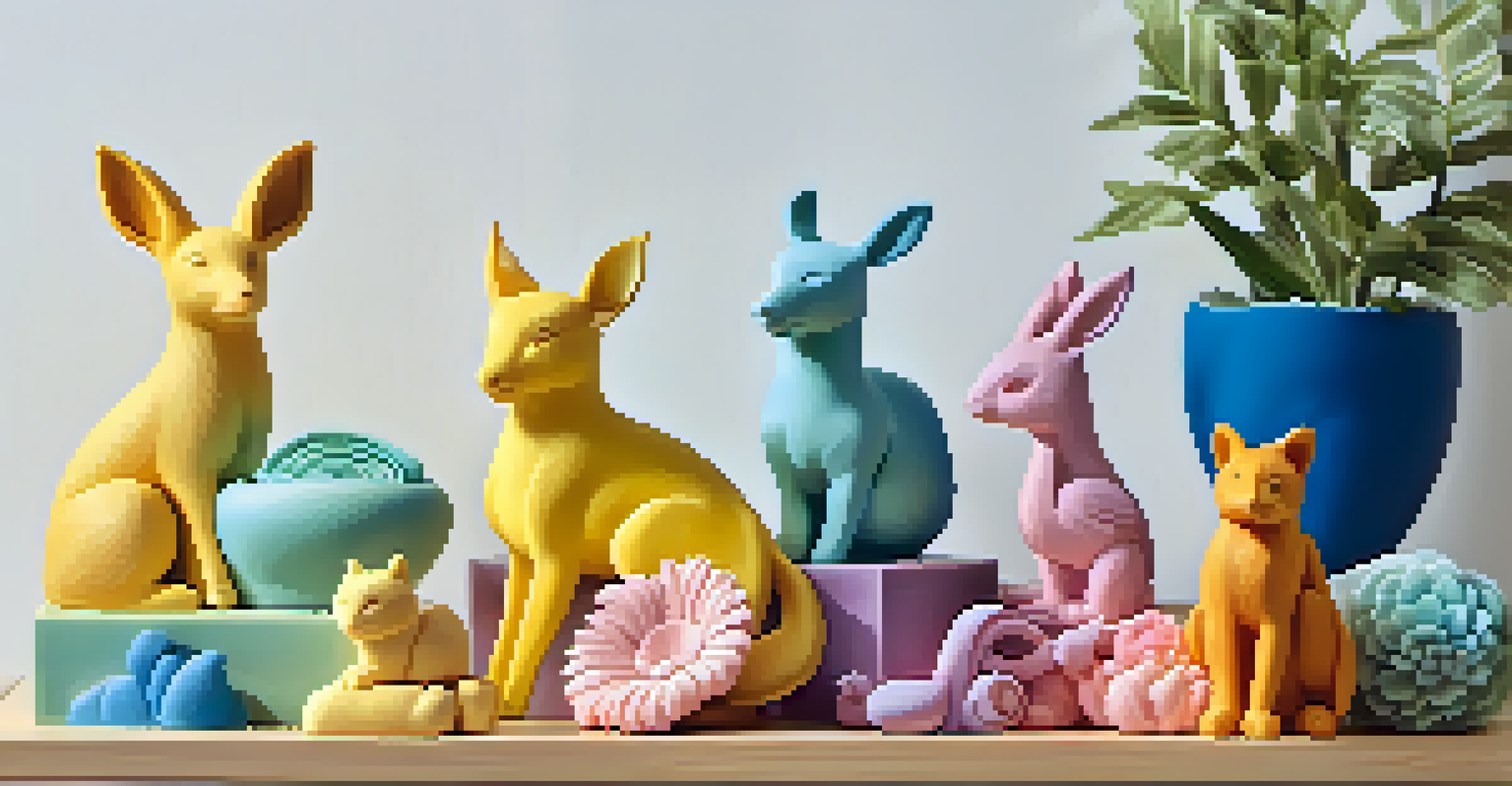 A collection of colorful soap sculptures displayed on a wooden shelf in a bright room.