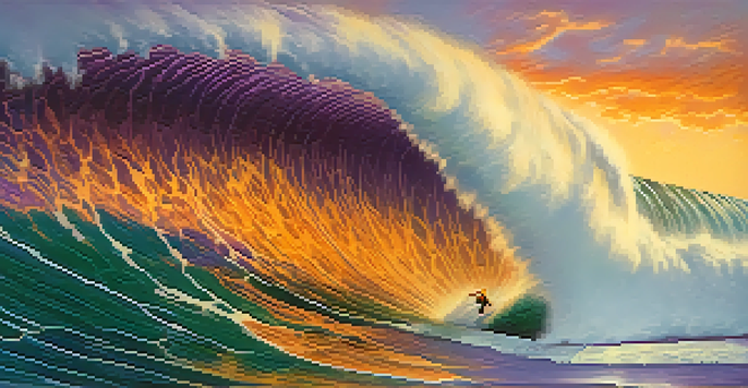 A big wave surfer skillfully riding a towering wave during sunset, with vibrant sky colors and ocean textures.