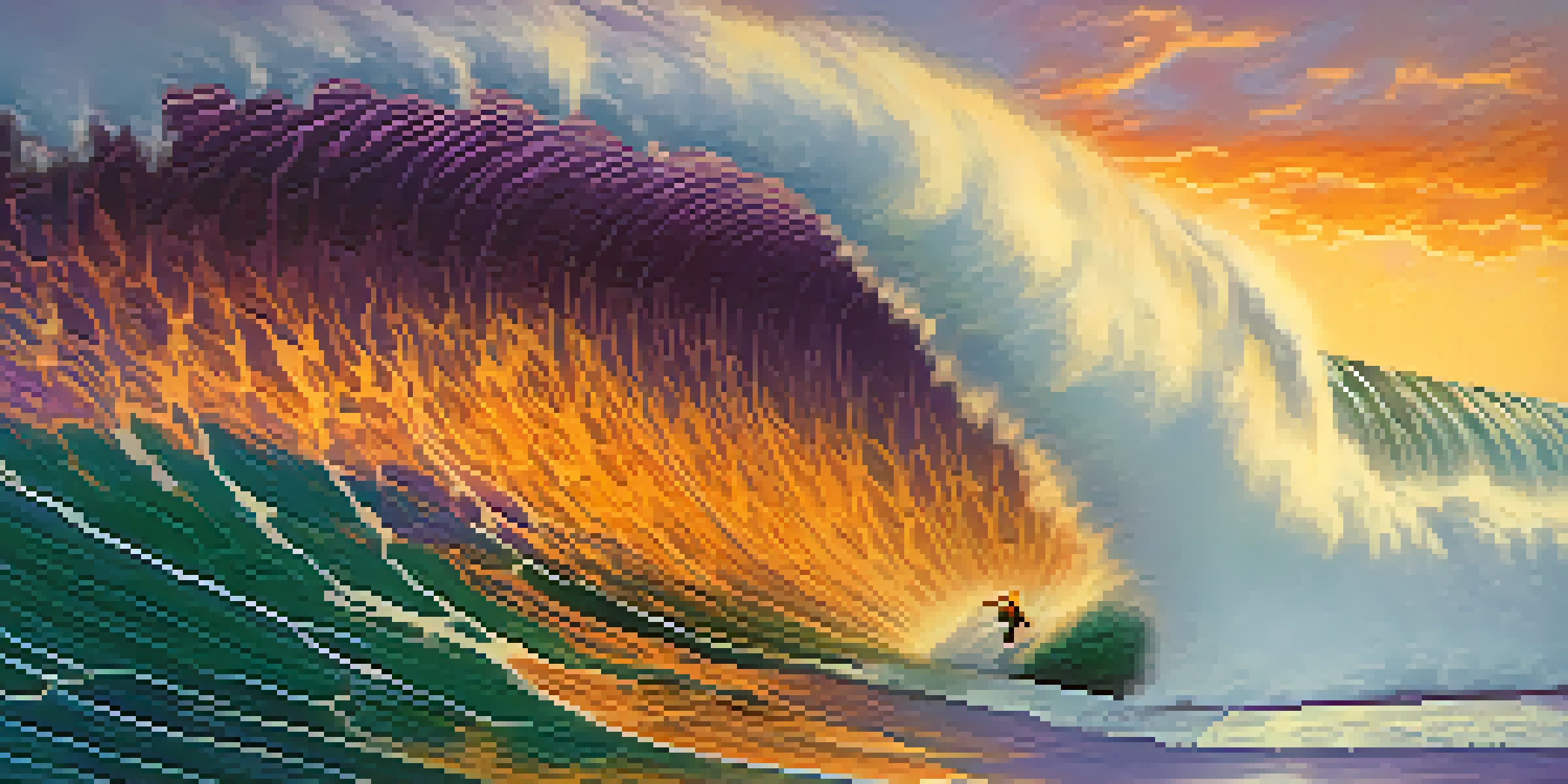 A big wave surfer skillfully riding a towering wave during sunset, with vibrant sky colors and ocean textures.
