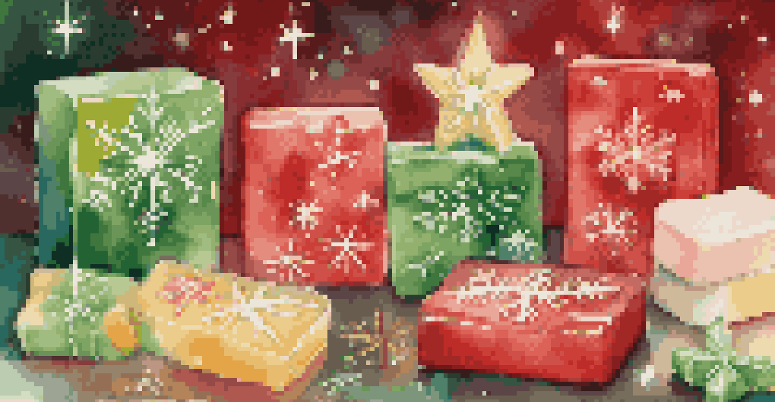 A display of holiday-themed soaps shaped like stars and snowflakes on a festive background with glowing fairy lights.