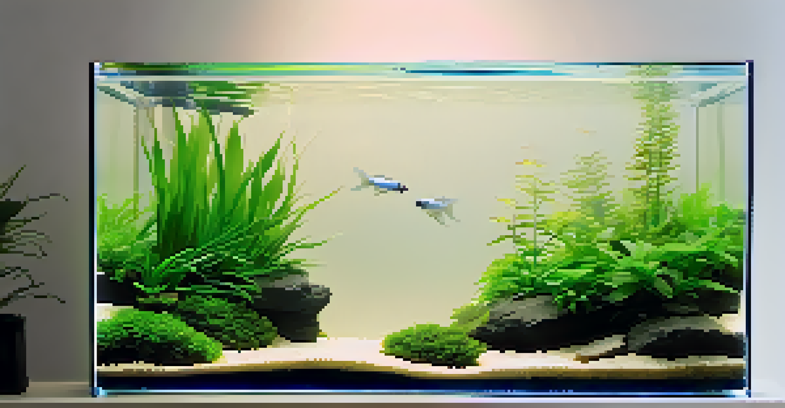 A small aquarium with a minimalist design, featuring a single plant species and a few small fish, illuminated by soft, diffused lighting.