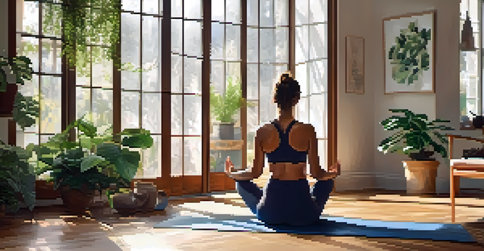 A woman doing yoga on a mat in a bright living room filled with plants and natural light.