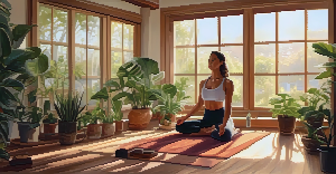 A woman practicing yoga in a sunlit living room filled with plants, creating a peaceful atmosphere.