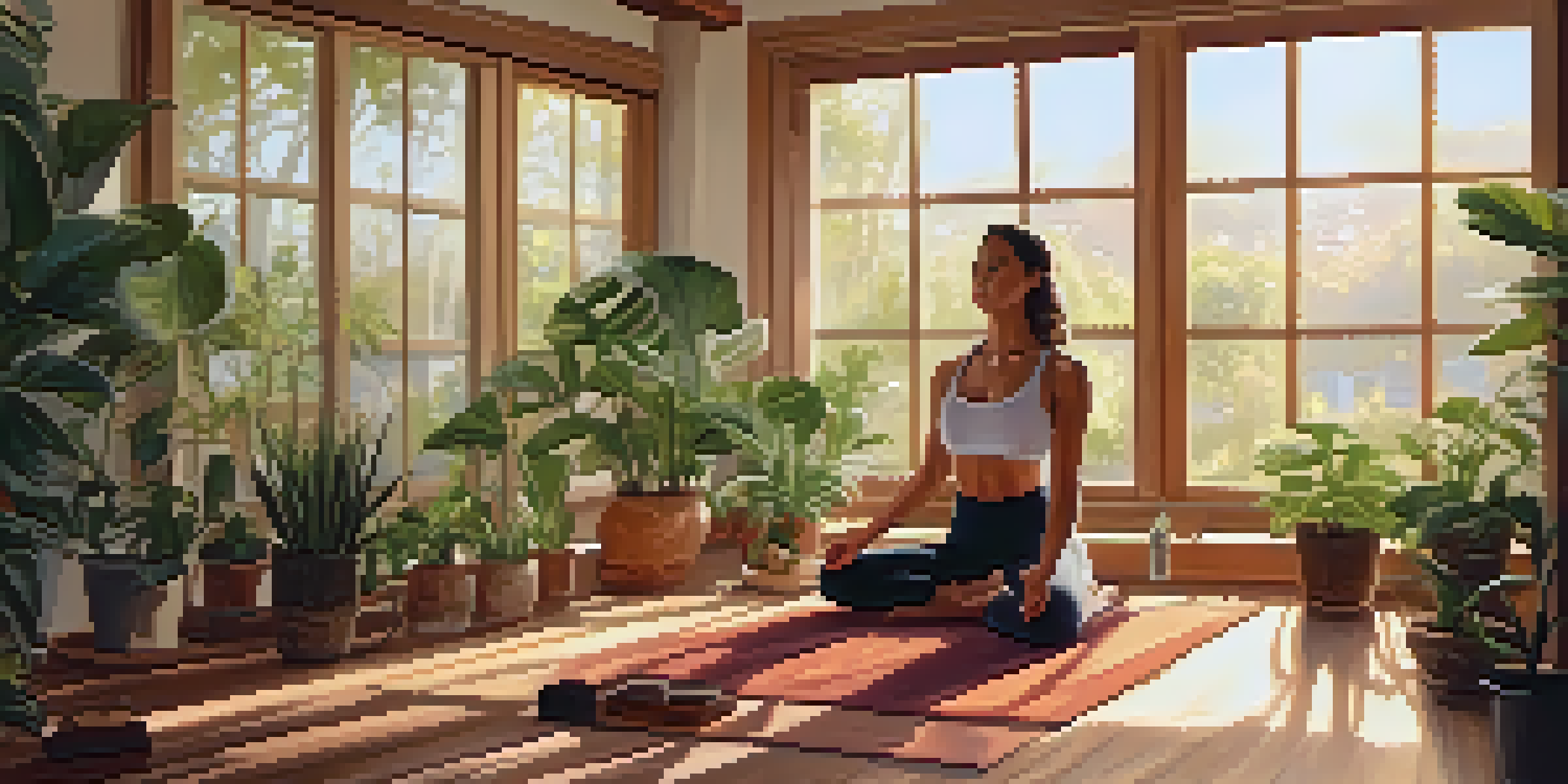 A woman practicing yoga in a sunlit living room filled with plants, creating a peaceful atmosphere.