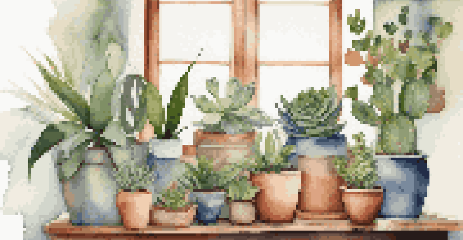 An arrangement of colorful pots with various indoor plants on a wooden shelf, under a grow light in a well-lit room.