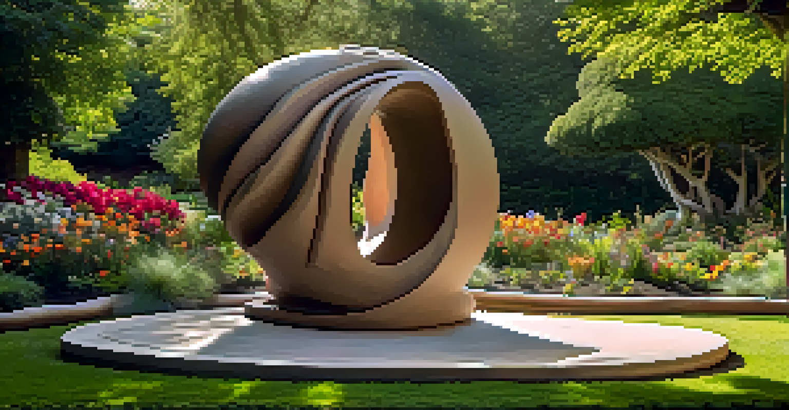 An abstract outdoor sculpture made from sculptural clay, surrounded by a lush garden with flowers and greenery, under dappled sunlight.