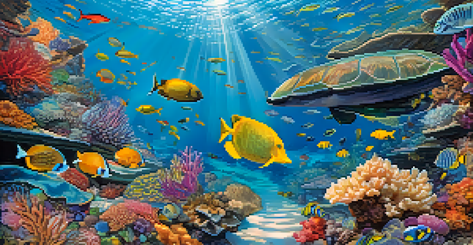 An underwater scene at the Great Barrier Reef featuring colorful corals, tropical fish, and a sea turtle swimming in clear water with sunlight filtering through.