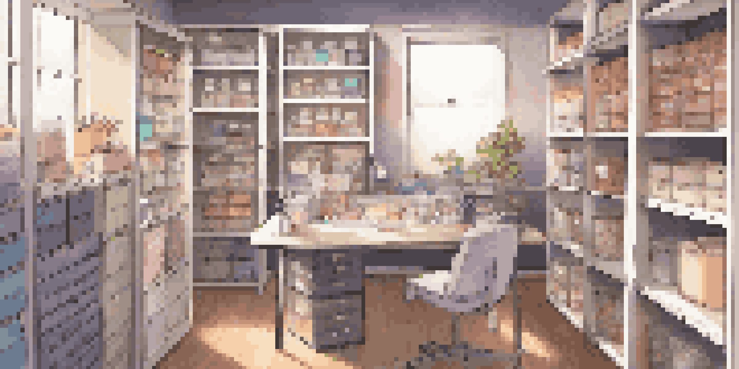 A well-organized cosplay workspace with shelves, clear bins, and a neatly arranged desk, illuminated with warm lighting.