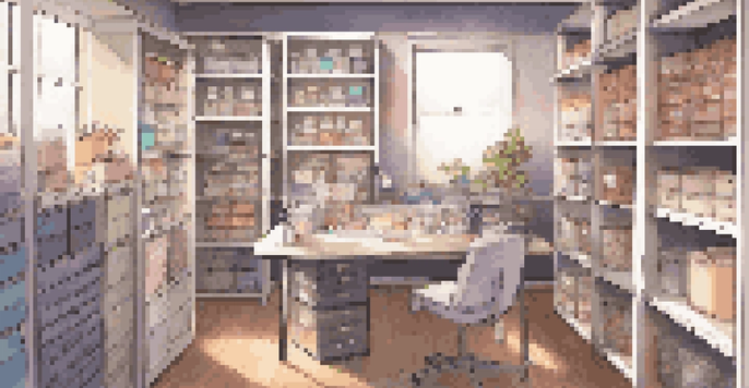 A well-organized cosplay workspace with shelves, clear bins, and a neatly arranged desk, illuminated with warm lighting.