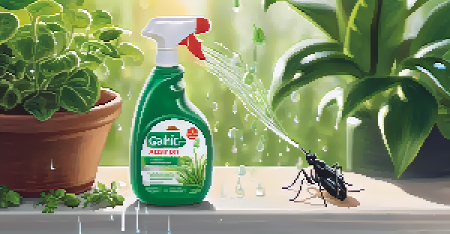 A close-up of a spray bottle with homemade pest control solution being applied to green plants, with garlic cloves in the foreground.
