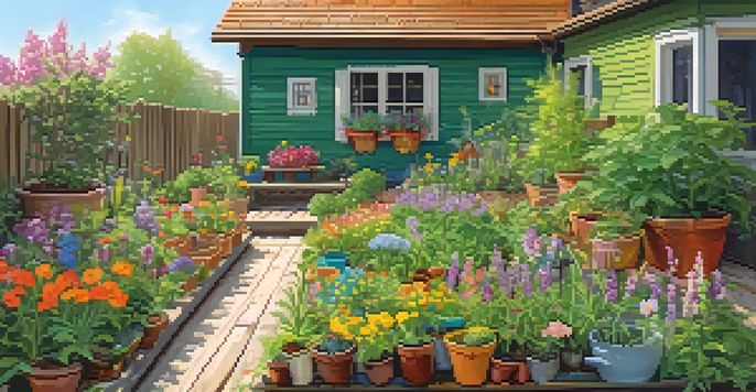 Children planting seeds in a colorful small space garden filled with herbs and flowers under warm sunlight.