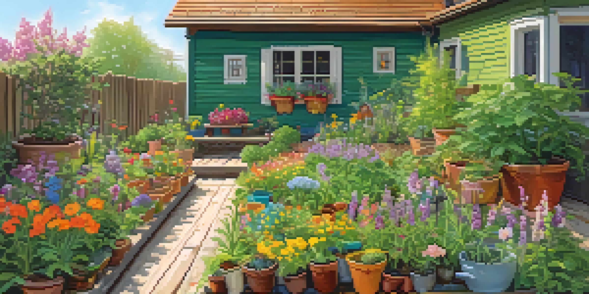 Children planting seeds in a colorful small space garden filled with herbs and flowers under warm sunlight.