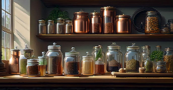 A cozy kitchen with a copper still, jars of grains and fruits, and a glass of distilled spirit, all bathed in warm light.
