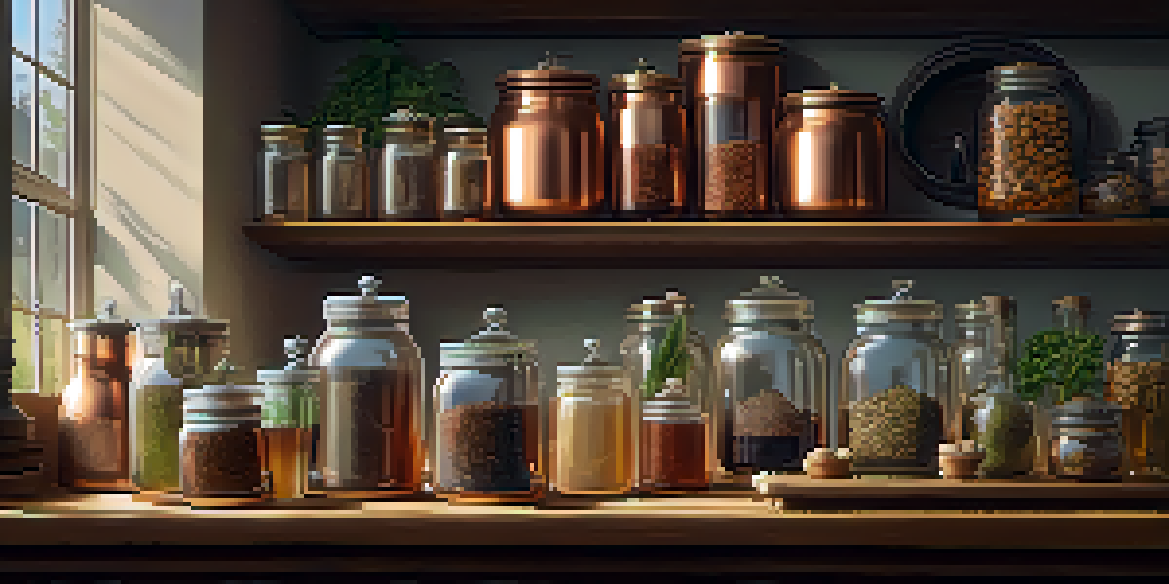 A cozy kitchen with a copper still, jars of grains and fruits, and a glass of distilled spirit, all bathed in warm light.