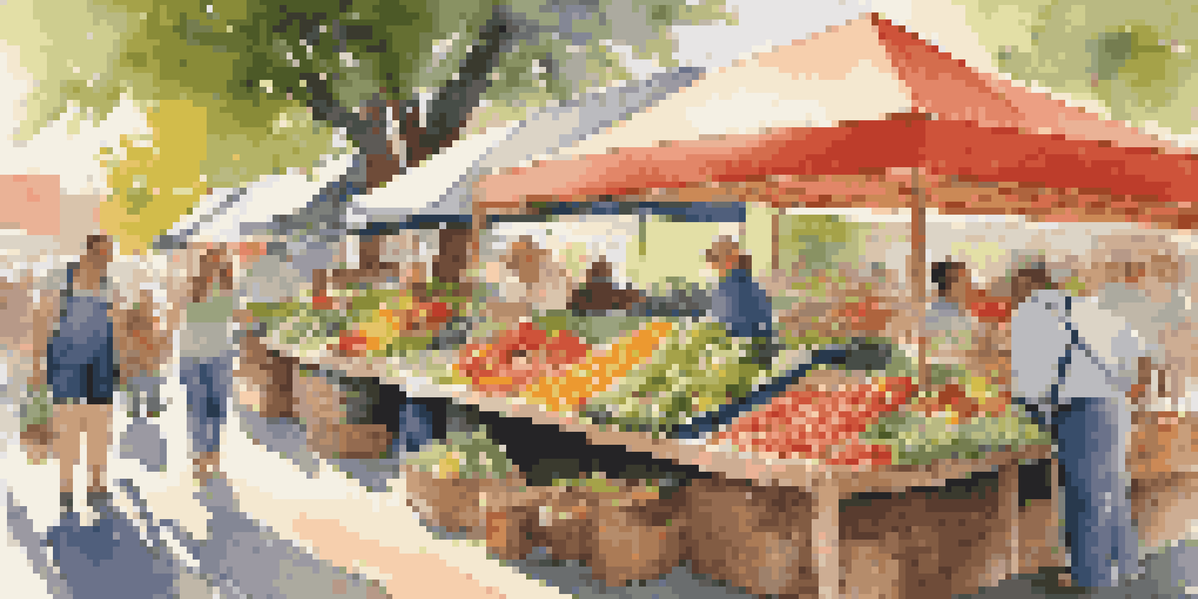 A lively farmers' market filled with fresh fruits, vegetables, and herbs, with a farmer chatting with a customer under the sunlight.