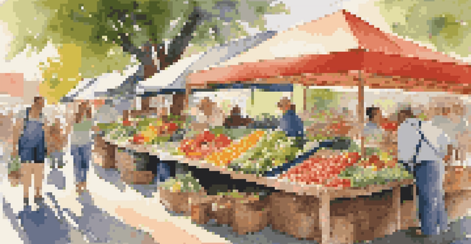 A lively farmers' market filled with fresh fruits, vegetables, and herbs, with a farmer chatting with a customer under the sunlight.