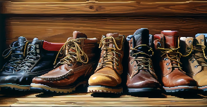 A variety of hiking boots made from leather and synthetic materials displayed on a wooden surface, illuminated by natural light.
