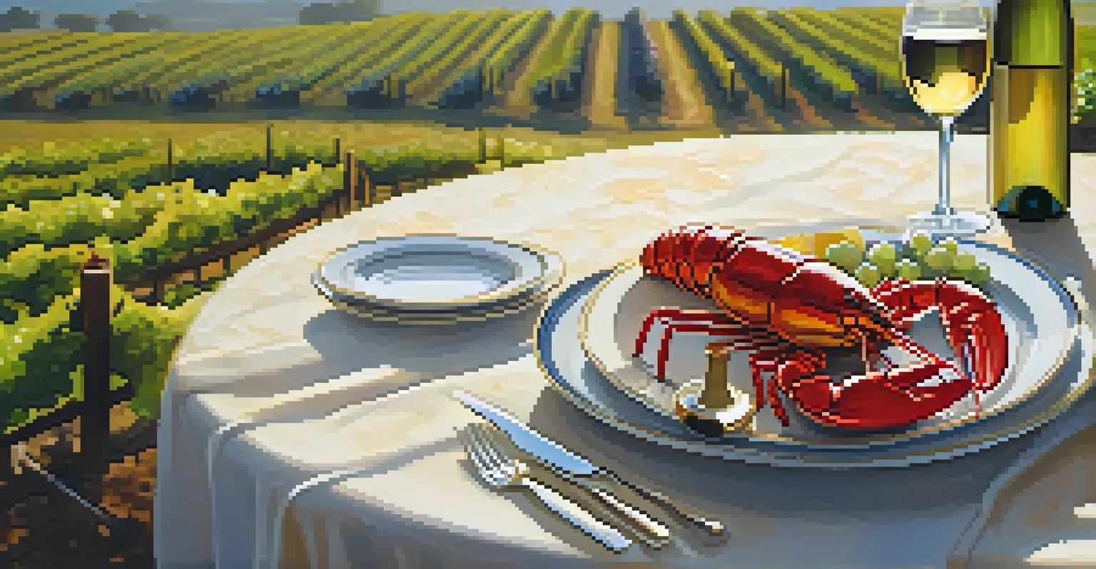 A table set with a bottle of Chardonnay, a glass of wine, and a plate of lobster in a buttery sauce, with a vineyard in the background.