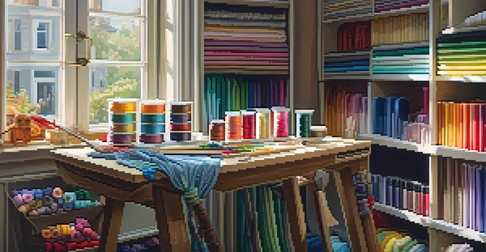 An organized sewing space with colorful threads, fabric swatches, and sewing tools on a wooden table, bathed in soft natural light.
