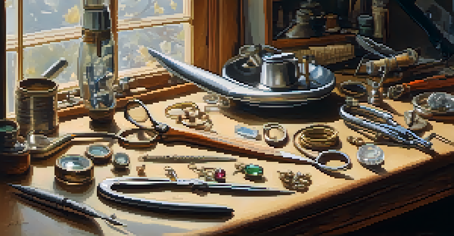 An artist's workspace with vintage jewelry tools and pieces in various stages of restoration, illuminated by natural light.