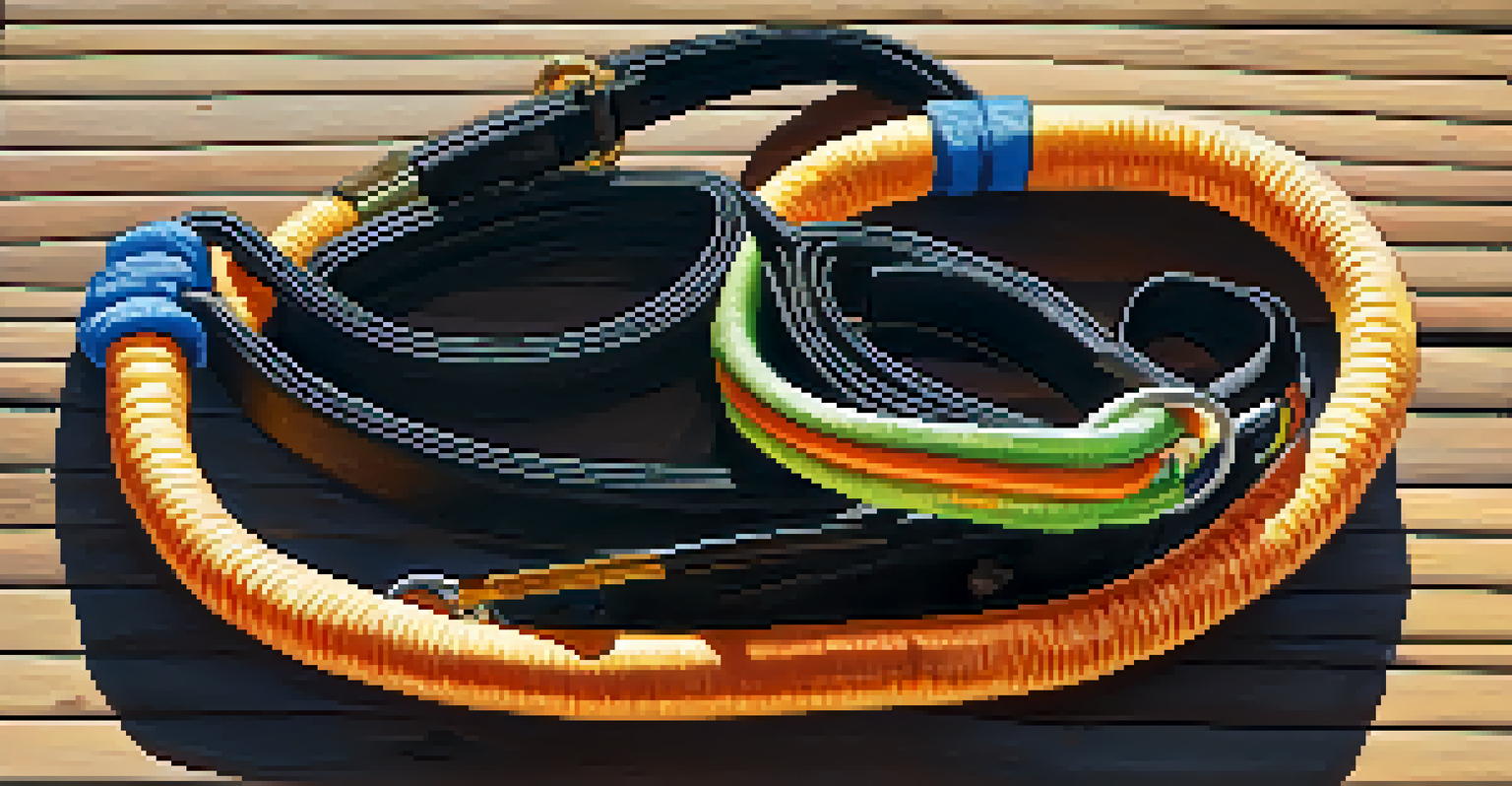 A detailed view of a bungee jumping harness and cord on a wooden platform, with sunlight highlighting the textures.