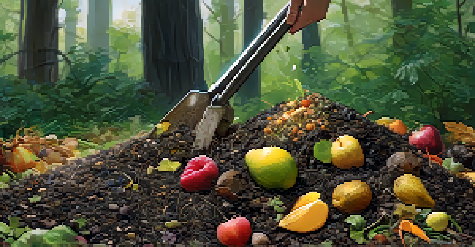 A close-up of a hand using a pitchfork to mix a rich compost pile, with visible organic materials like grass clippings and fruit peels.