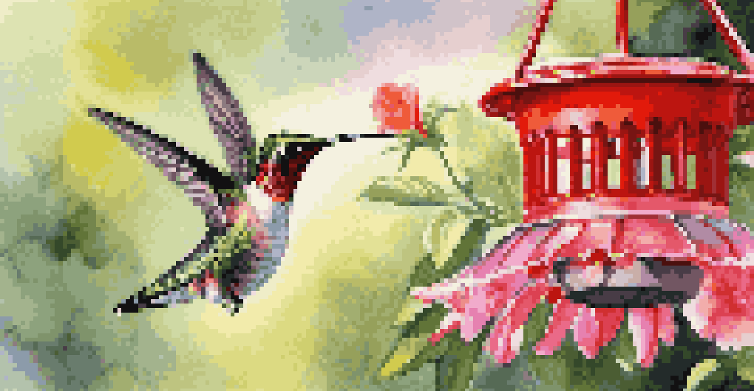 A close-up of a hummingbird at a red nectar feeder surrounded by colorful blooming flowers in a sunny garden.