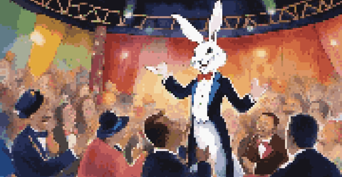 A magician in a tuxedo pulling a colorful rabbit out of a top hat, with the rabbit wearing a bow tie and telling a joke, against a backdrop of bright stage lights and an applauding audience.