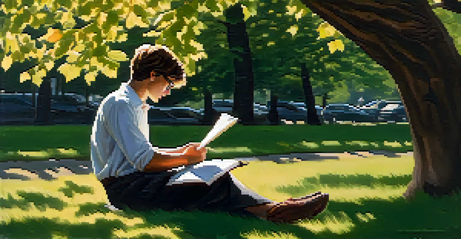 A writer in a park, deeply focused on their notebook, with trees and sunlight creating a peaceful atmosphere around them.
