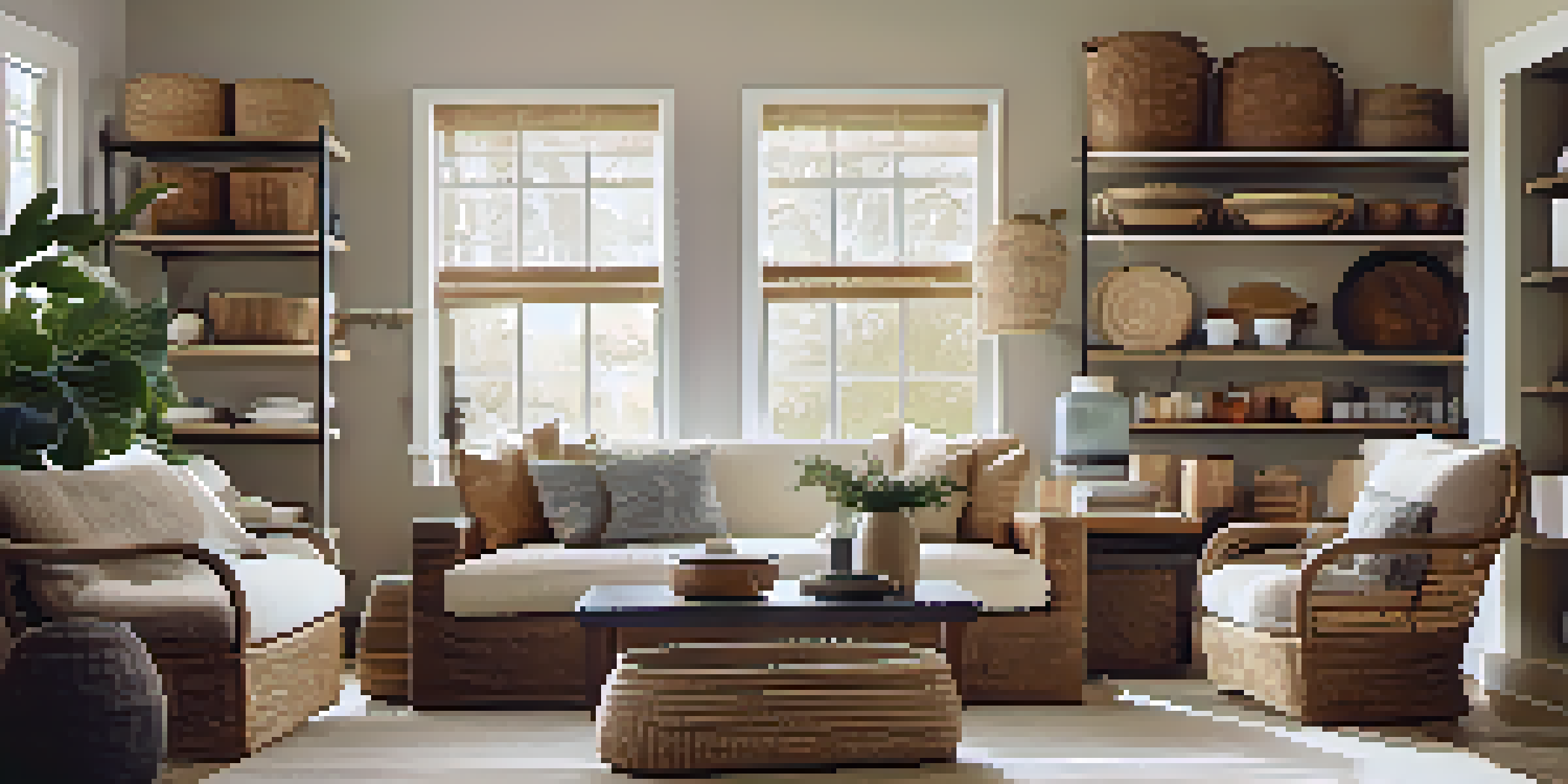 A cozy living room with various woven baskets used for storage, showcasing different sizes and textures under warm lighting.