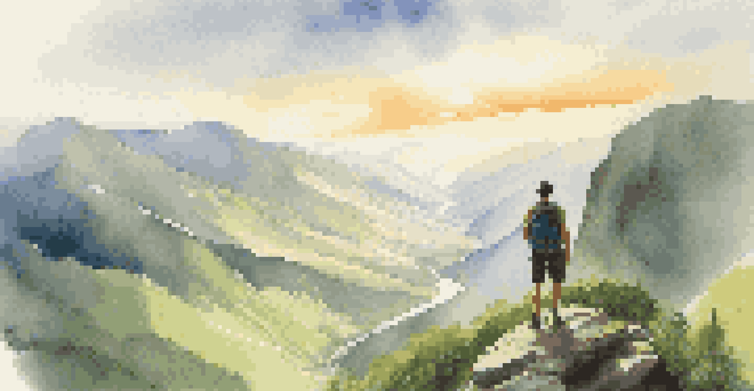 A hiker at a mountain overlook, admiring a stunning landscape of valleys and peaks under golden sunlight.