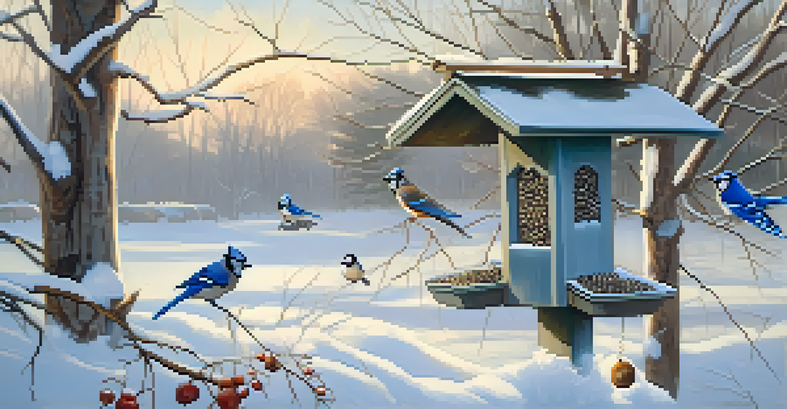 A winter backyard scene featuring a bird feeder with blue jays and chickadees, surrounded by snow and icicles hanging from branches.