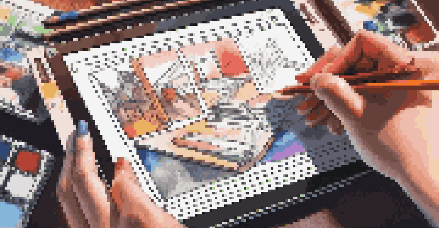An artist sketching a storyboard scene on a tablet, surrounded by colored pencils and markers, with a vibrant display on the screen.