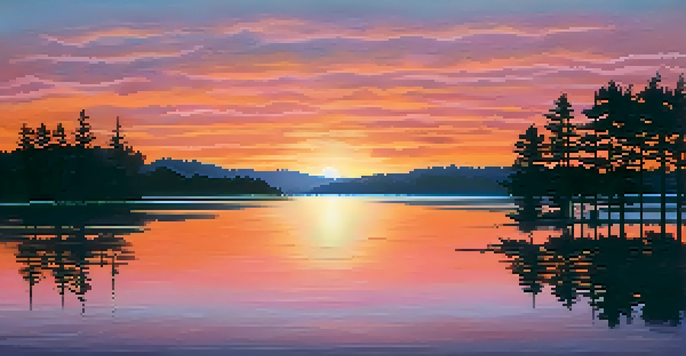A peaceful lake at sunrise with colorful reflections and silhouetted trees.
