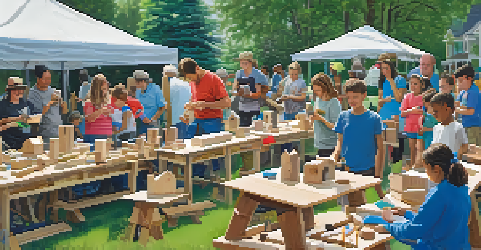 Families participating in a community birdhouse building event, with children painting and crafting together.