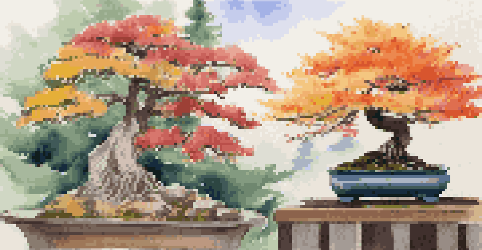 A seasonal arrangement of bonsai trees, featuring a flowering tree in bloom, an autumn-colored maple, and evergreen conifers, all illuminated by soft sunlight.