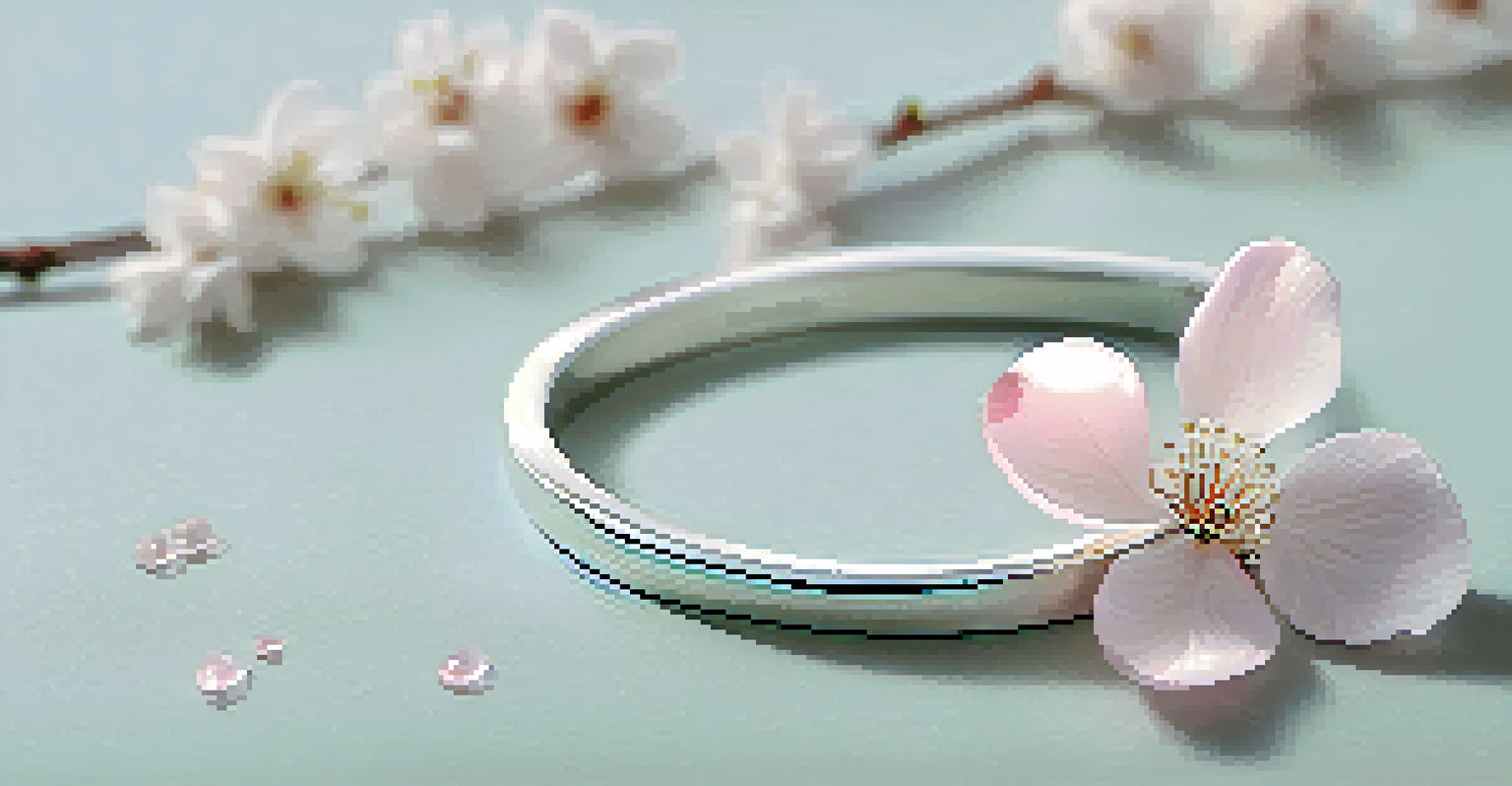 A minimalist silver bracelet on a smooth stone, surrounded by cherry blossom petals, set against a serene pastel background.