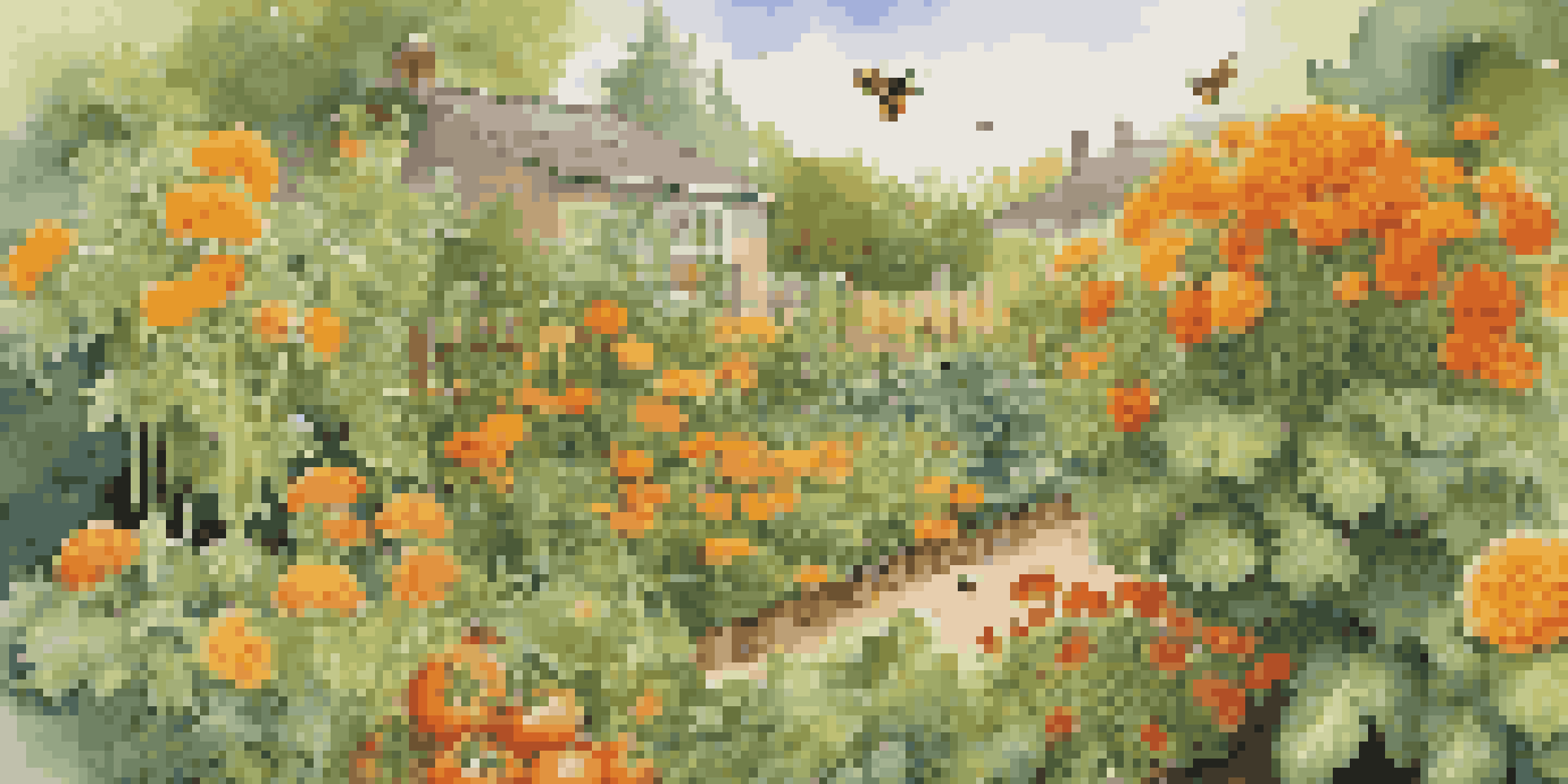 A colorful vegetable garden featuring marigolds and tomatoes, illuminated by sunlight, with bees flying around.