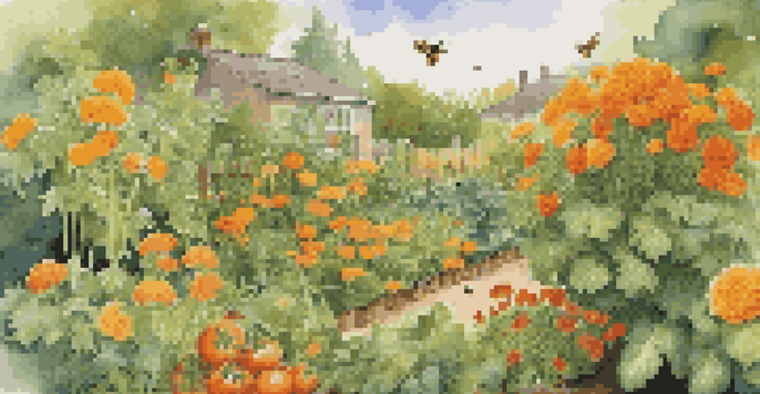 A colorful vegetable garden featuring marigolds and tomatoes, illuminated by sunlight, with bees flying around.
