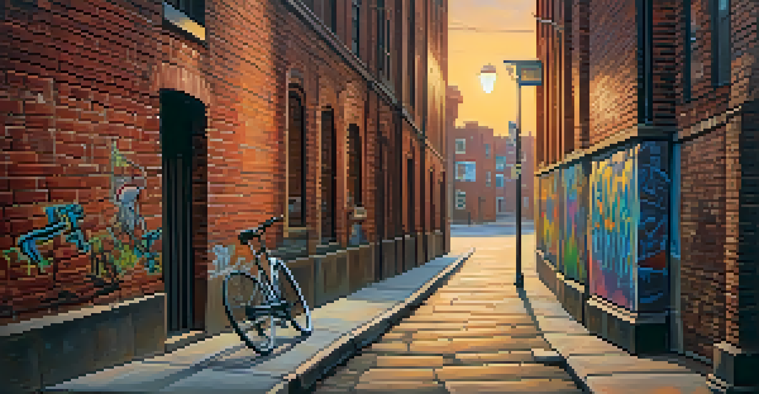 A quiet urban alley with graffiti-covered walls and a bicycle under a street lamp.