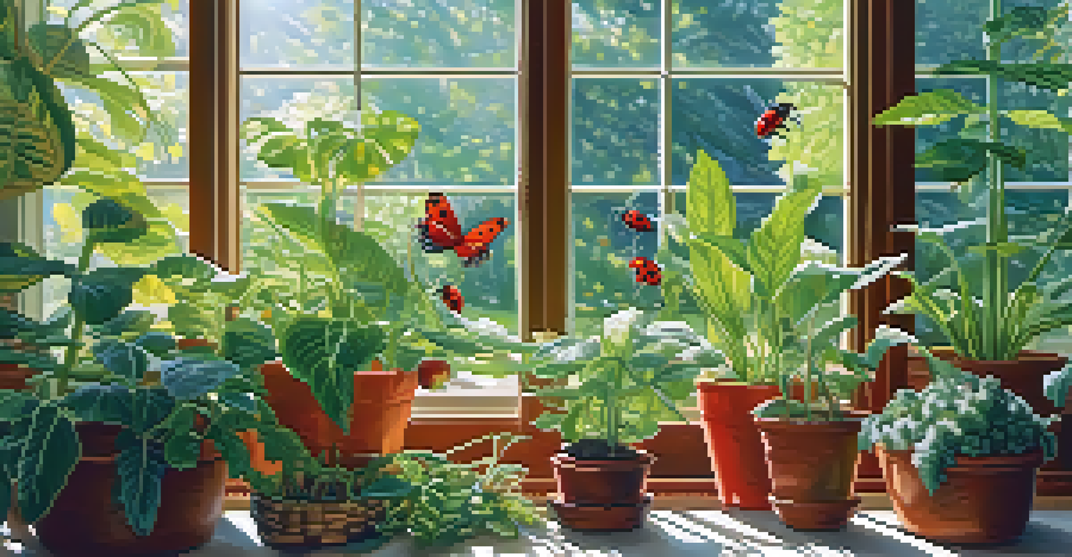A serene indoor garden with various healthy plants and ladybugs, illuminated by bright sunlight.