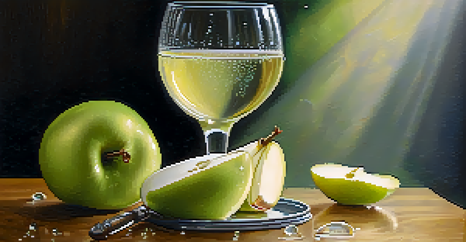 A close-up of a glass of chilled Chardonnay with condensation, surrounded by green apples and Brie cheese on a wooden table.