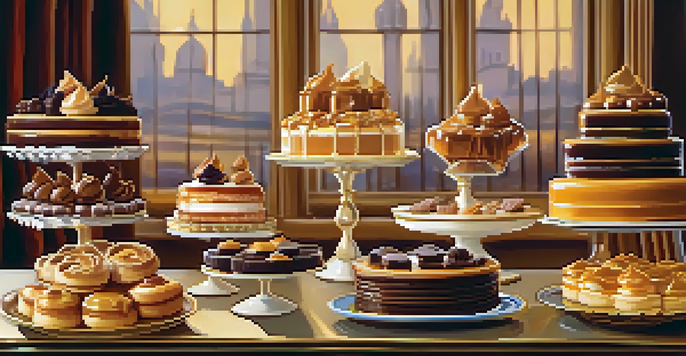 A dessert table filled with pastries, including caramel drizzled chocolate tarts and éclairs, with decorative caramel elements.