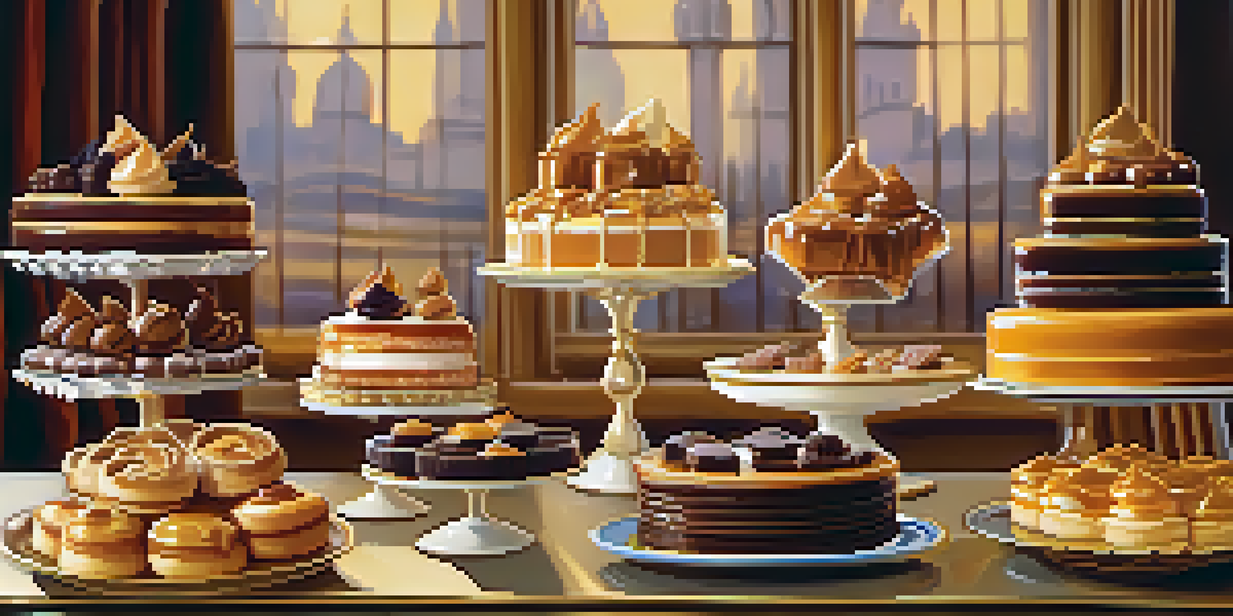 A dessert table filled with pastries, including caramel drizzled chocolate tarts and éclairs, with decorative caramel elements.