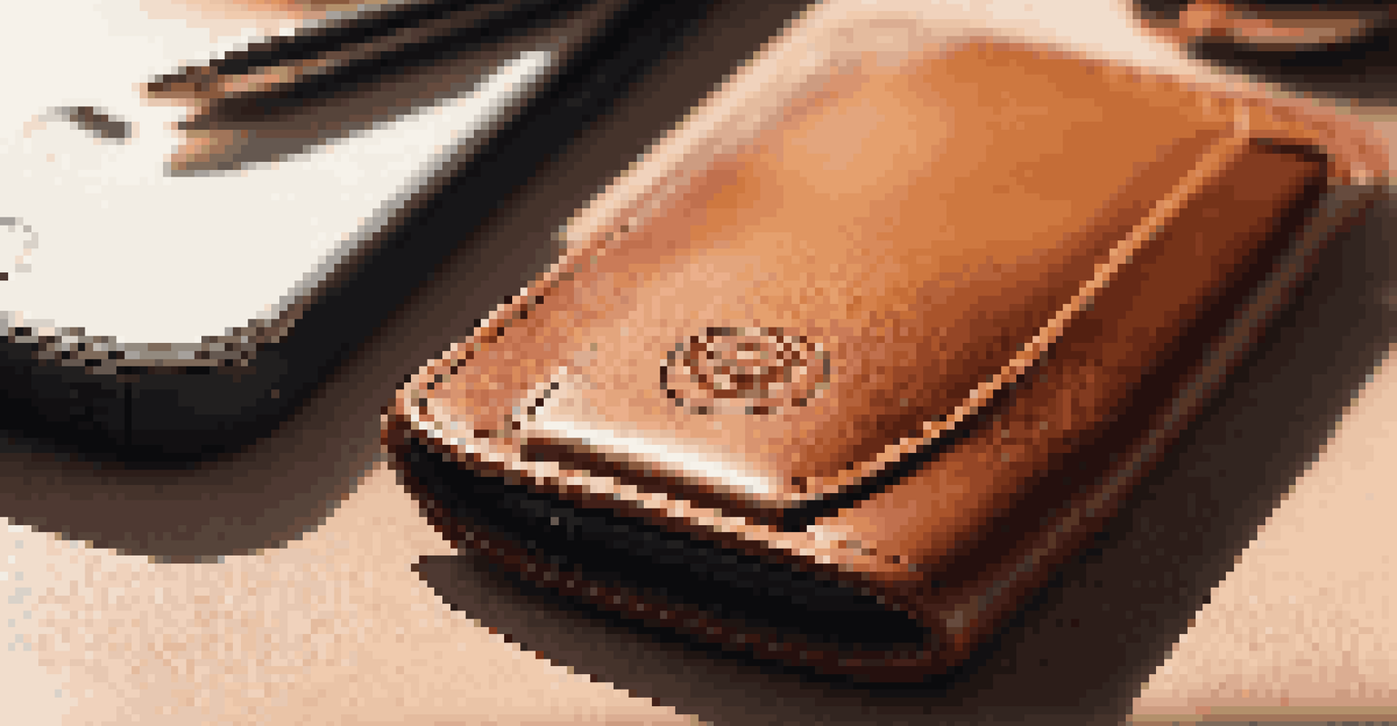 A close-up view of a leather phone case with an embossed initial, placed on a minimalist desk beside a smartphone.
