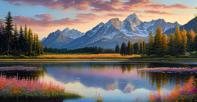 A beautiful mountain landscape at sunset, with colorful reflections in a calm lake and a field of wildflowers in the foreground.