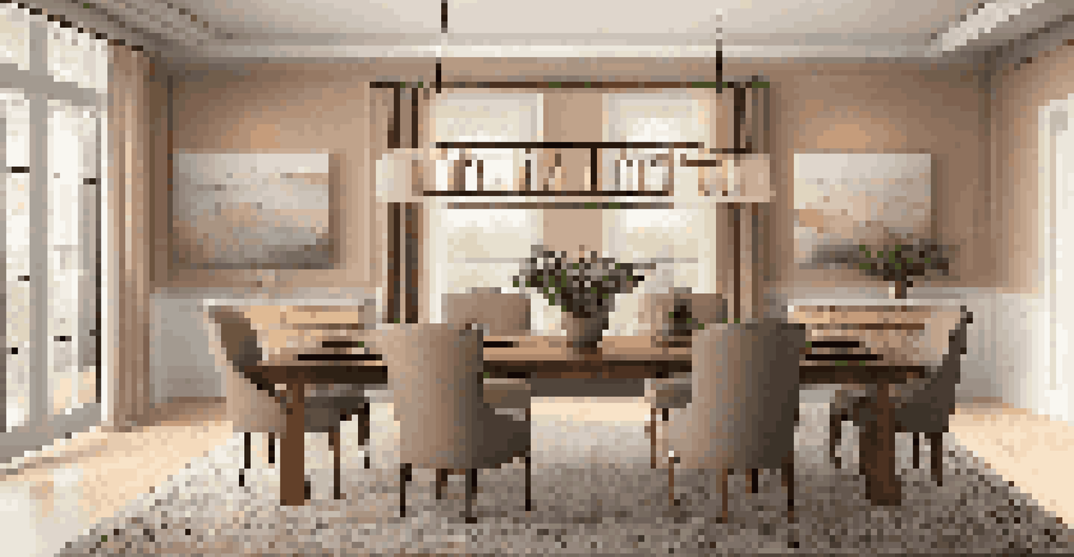 An elegant dining room with a large area rug under the table, featuring geometric patterns and warm lighting, creating a cozy atmosphere.