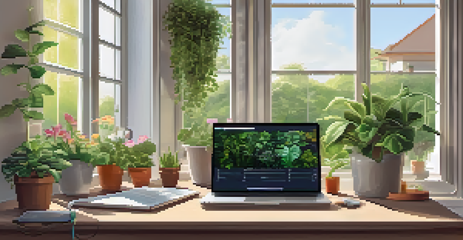 A workspace with a laptop and gardening tools, surrounded by potted plants, illuminated by natural light.