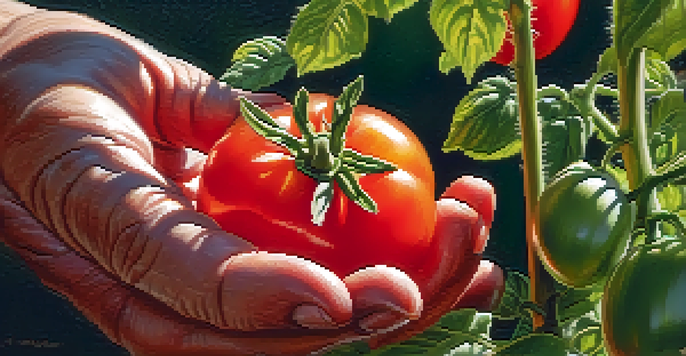 A gardener's hands collecting seeds from a ripe heirloom tomato plant, surrounded by green leaves and red tomatoes.