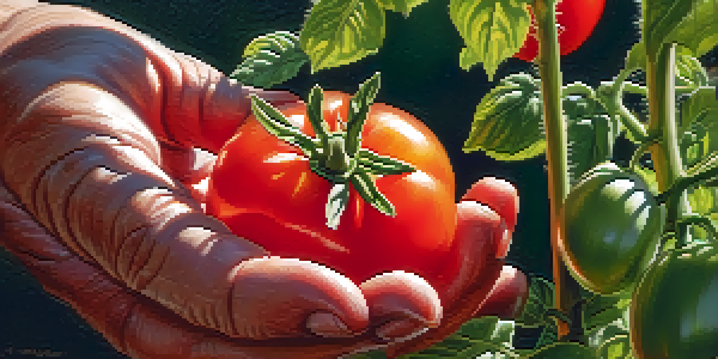 A gardener's hands collecting seeds from a ripe heirloom tomato plant, surrounded by green leaves and red tomatoes.